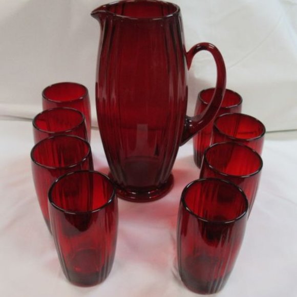 New Martinsville Glass Ruby Red OSCAR 9 Piece Pitcher and Tumblers Set-Scarce - Picture 3 of 6